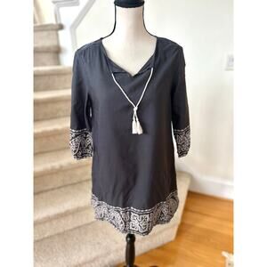 Roots Canada Grey White Paisley 3/4 Sleeve Tassel Long Line Tunic